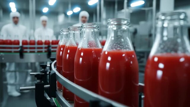 Automated conveyor belt with glass bottles of tomato juice at a modern food processing plant,  food manufacturing concept.