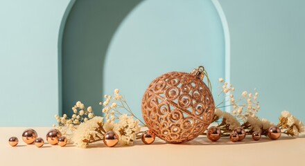 Copper holiday ornaments and dried flowers against a light blue background.