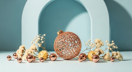 Copper ornaments and dried flowers against a blue arch background.