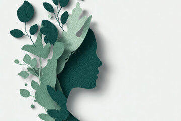 Profile silhouette of a woman surrounded by green leaves in a creative paper cut style
