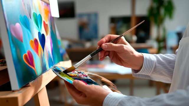 Anonymous painter's hands holding brush with blurred figure and crystal clear vibrant heart shapes on artwork visible, with copy space