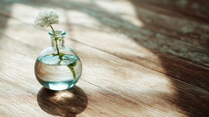 Delicate flower arrangement in a glass vase on a wooden surface on warm natural sunlight highlights. Zen composition. Generative AI image