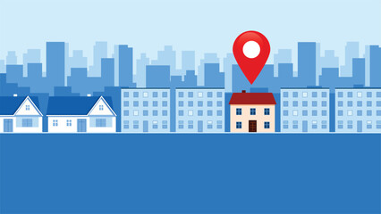 City skyline illustration with a red map marker over a house