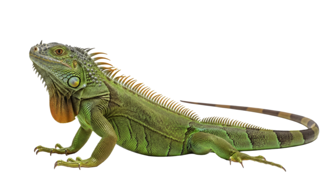Green iguana isolated PNG, large arboreal lizard with spiny scales and dewlap, exotic pet reptile on transparent background
