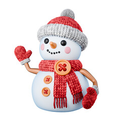 Snowman wave hand wearing knitted mittens and cap 3D