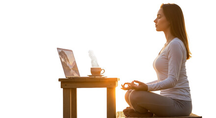 Detailed illustration highlighting meditation, woman, laptop for marketing, advertising, and creative project applications for modern branding and lifestyle representation