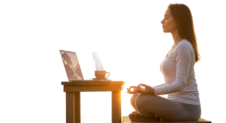 Detailed illustration highlighting meditation, woman, laptop for marketing, advertising, and creative project applications for modern branding and lifestyle representation
