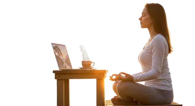 Detailed illustration highlighting meditation, woman, laptop for marketing, advertising, and creative project applications for modern branding and lifestyle representation