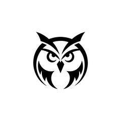 Illustration of a stylized black and white owl face on transparent background silhouette