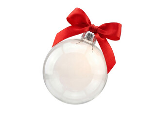 Clear glass Christmas ornament with red ribbon isolated PNG, festive holiday decoration on transparent background, seasonal celebration