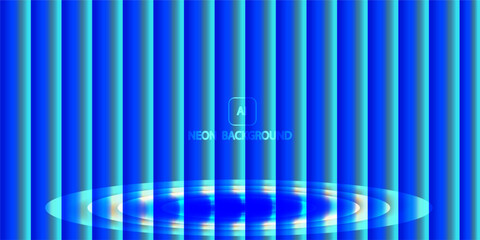 Obraz premium Abstract blue background with vertical neon light lines and reflective circle, digital futuristic technology wallpaper illustration