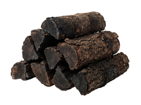 Pile of charred firewood logs isolated PNG, dark burnt wood pieces for campfire or fireplace on transparent background