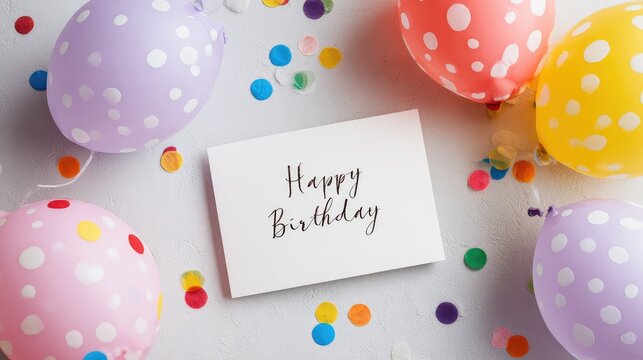 Colorful Birthday Celebration with Polka Dot Balloons, Confetti and Elegant Card in a Festive Arrangement on a Light Background Perfect for Happy Birthday Themes