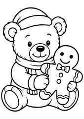 Fototapeta premium Cute vector teddy bear in Santa hat holding gingerbread man, perfect for engrave, laser engrave and Christmas themed designs