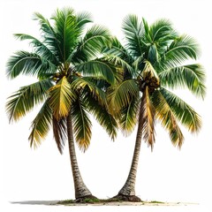 Two vibrant coconut palms stand tall against a white background.  Healthy green fronds and trunks are visible,  with some light brown/yellow tones on the leaves