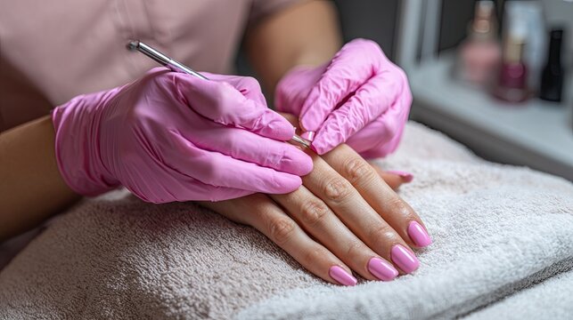 A specialist in pink gloves gives a manicure to a client in a beauty salon. Close-up photo - Powered by Adobe