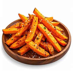 Roasted sweet potato fries on a wooden plate.  Crispy, golden-orange fries, seasoned with salt and pepper, piled high on a round, light brown wooden platter.  Isolated against a white background