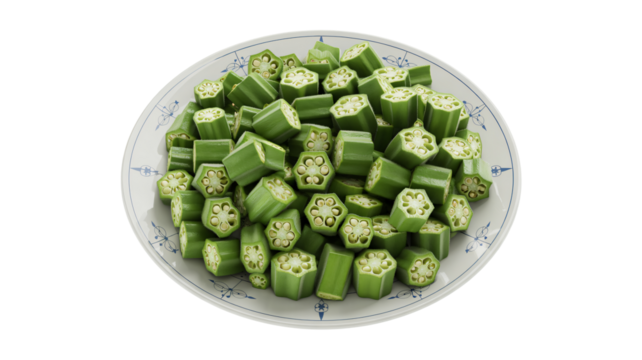 Freshly cut okra on a vintage plate, ready for healthy recipes and Southern cuisine delights, bringing garden-fresh goodness to every meal beautifully