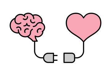 Brain and heart connection by plug cables. Mind and feelings harmony, emotional intelligence, decision balance. Logic and love disconnection concept. Self care idea. Psychology. Vector illustration. 