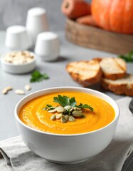 Bowl of tasty sweet potato soup on served table 