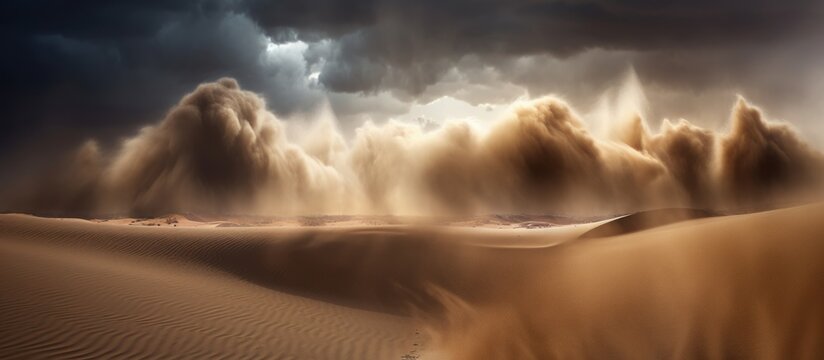 Dramatic sand storm in desert, thunderstorm, lightning. Abstract background
