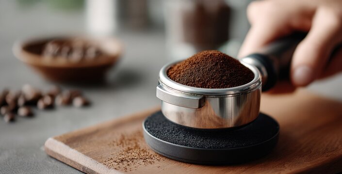 Barista Espresso Preparation - focused hand preparing and tamping a portafilter filled with coffee grounds on a wooden board, calm craftsmanship - closeup natural light style - for cafe branding,