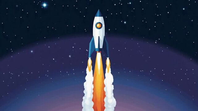 Animated rocket launch sequence in space, futuristic startup business concept design