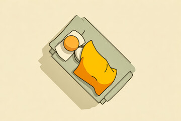 Top down view of stick figure curled under yellow blanket on sofa with copy space for design