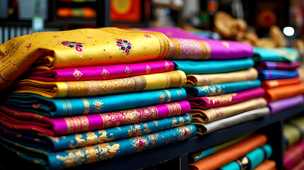 Colourful sarees beautifully displayed at the market showcase showcase vibrant fabrics and intricate patterns, traditional attire and the concept of cultural heritage.