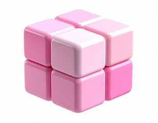 A 3D rendering of a large cube, composed of six smaller, glossy cubes.  Shades of pink vary smoothly from light to dark across the cubes