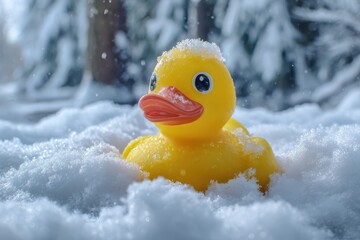 Whimsical outdoor photo of a toy rubber duck in a snow-covered landscape