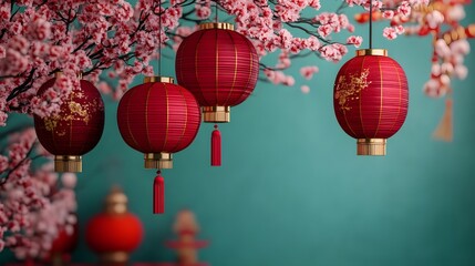 Obraz premium Chinese New Year decorations, lanterns, flowers.