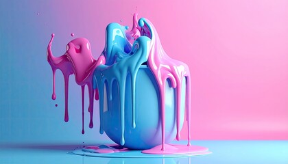 Fluid, vibrant paint spills from a 3D orb, in a dynamic display of pink and blue