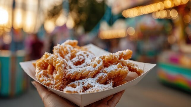 Carnival food funnel cake in hand, joyful treat, warm golden bokeh evening closeup, powdered sugar on crispy fried dessert, appetizing commercial image for fair vendors and summer festival