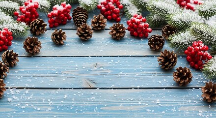 Classic winter backdrop: pine boughs, red berries, and pine cones framing blue wooden board with snow