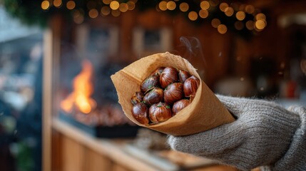 roasted chestnuts winter market - gloved hand holding paper cone, warm festive joy, cinematic bokeh, cozy street scene for holiday food, seasonal comfort, artisan snack, authentic outdoor vendor
