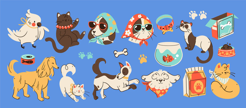 Full craft set of playful pet illustrations for children flat cartoon
