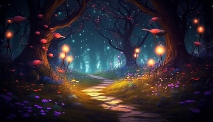 Fantasy fairy tale background with forest and blooming path. Fabulous fairytale outdoor garden and moonlight background