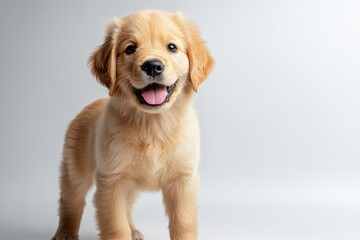 A young golden retriever puppy stands on a white background, its fur a rich golden color, its eyes wide and curious, its tongue lolling out in a happy panting sound.