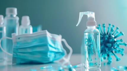 Hygiene products, masks and disinfectants on the table next to the virus model symbolise the fight against the pandemic — a fitting backdrop for educational materials on safety and prevention.