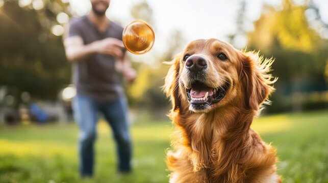 A dog in the park happily catches a flying disc, conveying positivity and activity, a wonderful natural backdrop for advertising a healthy lifestyle.