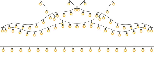Glowing Christmas bulb garland arcs on a transparent background. Golden bulbs and soft twinkles with festive vibe, for holiday invitations, party banners or new year designs.