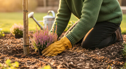 Gardener in green sweater is planting vibrant flowers in rich soil, surrounded by lush greenery, showcasing the beauty of nature and gardening