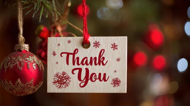 hanging paper tag with words thank you on christmas background animation