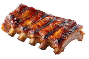 Juicy barbecue ribs glazed with rich sauce, showcasing tender meat and crispy edges, perfect for culinary delights. Isolated on transparent background.