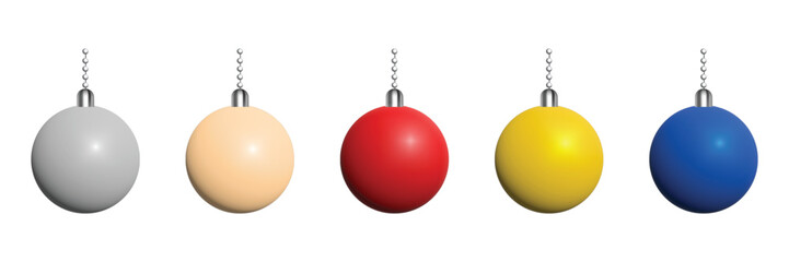 Shiny glossy Christmas balls set. 3D baubles in silver, red, gold, and blue paint. Christmas and Happy New Year Holiday hanging decoration