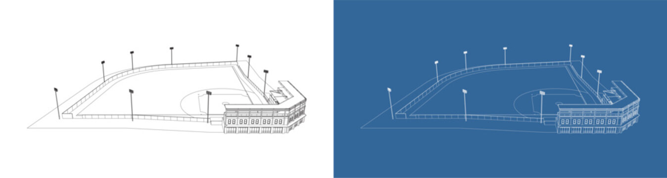 Isometric Baseball Field Technical Line Drawing Blueprint