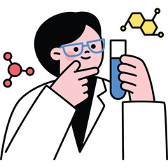 Curious Scientist in White Lab Coat Wearing Blue Eyeglasses Holding Test Tube with Blue Liquid Pondering Molecular Structures in a Bright Clean Environment