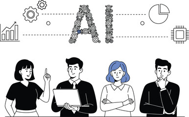 Team discusses artificial intelligence with data charts and technology