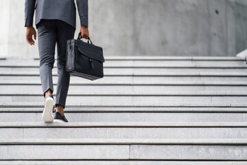 Businessman in suit climbing up the stairs of an office building, close-up view, stone steps. Man holding documents. He appears determined walks towards work, symbolizing determination, self mary